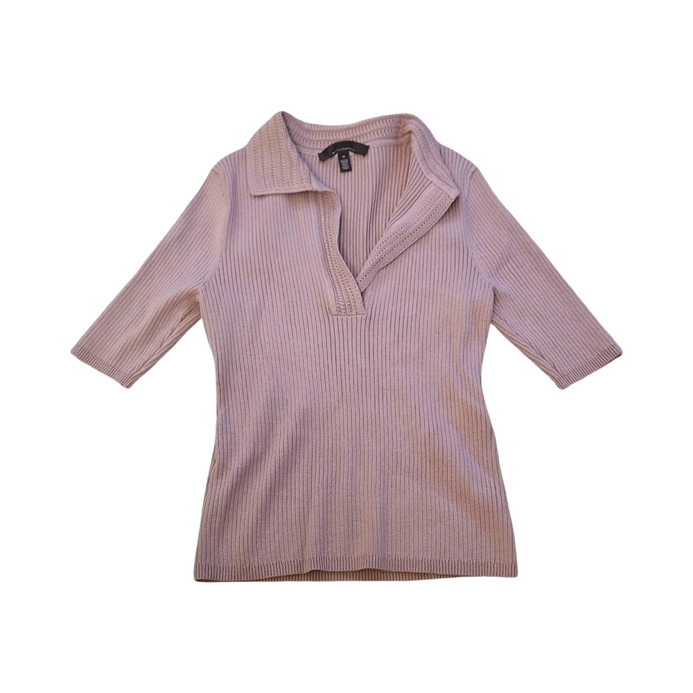 White House‎ Black Market Ribbed Polo Top Mauve Taupe V-Neck Medium WHBM